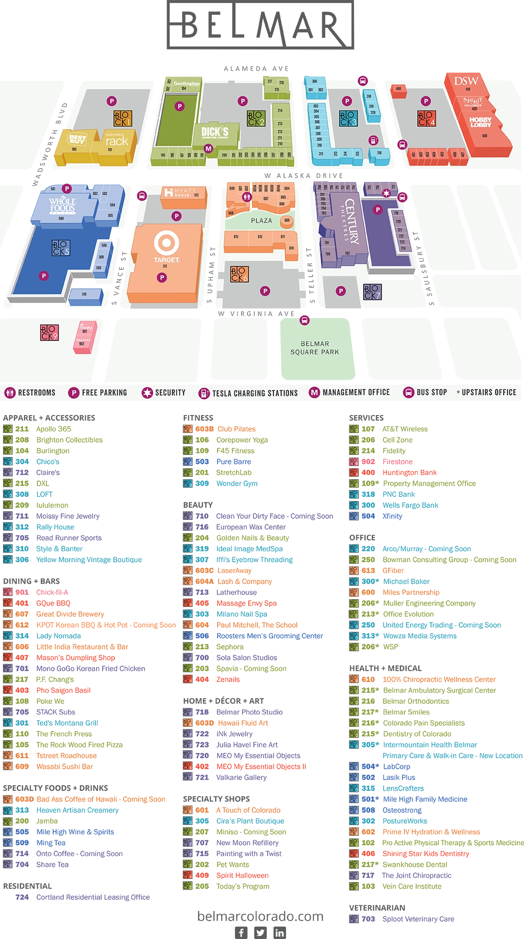 Belmar Colorado shopping center directory map.